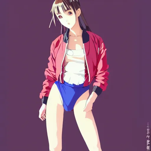 Image similar to a beautiful japanese natalie portman gravure model, wearing oversized native designer bomber jacket and leotard with overalls, bulky poofy bomber jacket with mesoamerican patterns, mesoamerican native street fashion, gapmoe yandere grimdark, trending on pixiv fanbox, painted by greg rutkowski makoto shinkai takashi takeuchi studio ghibli, akihiko yoshida