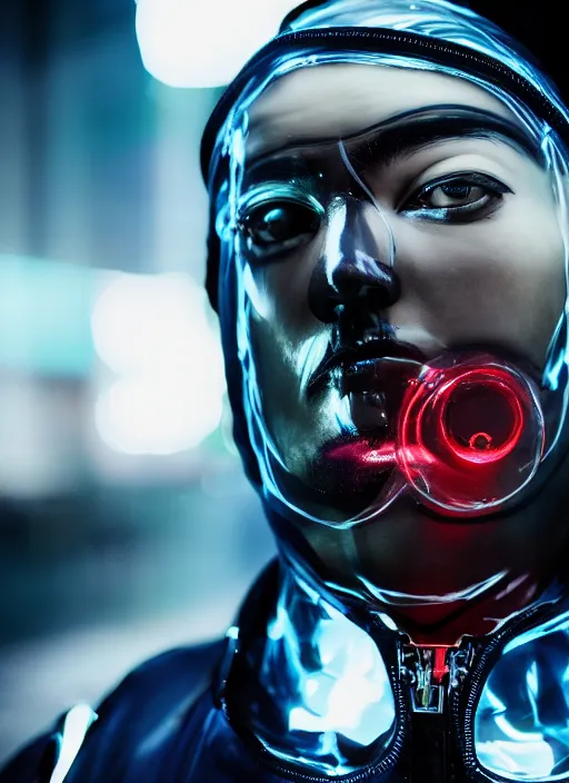 Prompt: a close-up of cyberpunk model man with black eyes and visible face wearing latex catsuit and lots of transparent and cellophane accessories, blue hour, twilight, cool, portrait, Kodachrome, ISO1200,