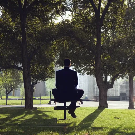 Image similar to A businessman is sitting on a bench eating lunch in a park. A tall ladder lurks menacingly behind him. A tall ladder lurks menacingly behind him. , shadows, realistic, 4k