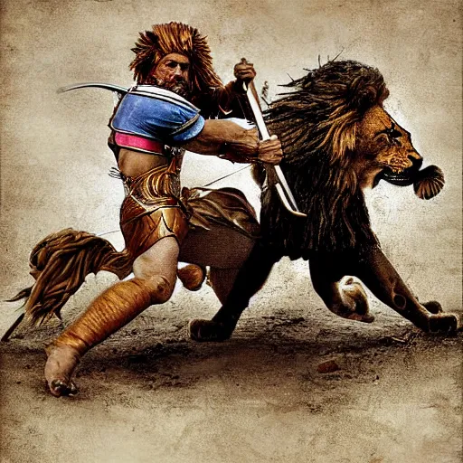 Image similar to gladiator attacking a lion, digital art