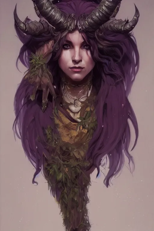 Prompt: Attractive Druid, Tiefling race , she has light brown skin, dark purple hair, and silver eyes full body, dungeons and dragons portrait, highly detailed, digital painting, artstation, concept art, sharp focus, illustration, art by greg rutkowski and alphonse mucha