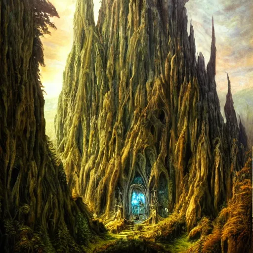 Image similar to a beautiful and highly detailed oil painting of an elven temple deep in the misty mountains, secret valley, tall spires, beautiful trees, ancient runes, intricate details, epic scale, insanely complex, 8 k, sharp focus, hyper realism, fantasy landscape, psychedelic, by caspar friedrich and brian froud,