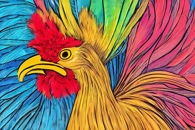 Prompt: illustration of a rooster with feathers of many colors, by liam cobb, lively colors, portrait, sharp focus, colored feathers