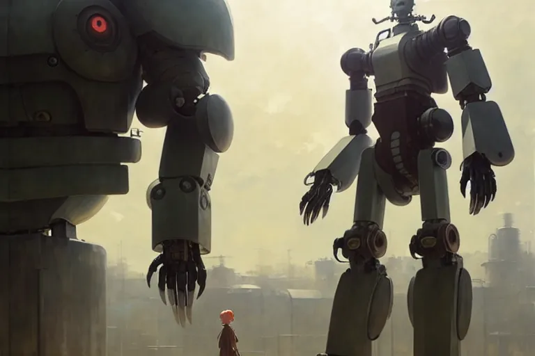 Image similar to dieselpunk, huge humanoid robot, painted by greg rutkowski makoto shinkai takashi takeuchi studio ghibli, akihiko yoshida