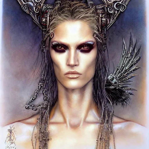 Image similar to an award finning closeup facial portrait by luis royo and john howe of a bohemian androgynous cyberpunk traveller clothed in excessively fashionable 8 0 s haute couture fashion and wearing ornate art nouveau body paint