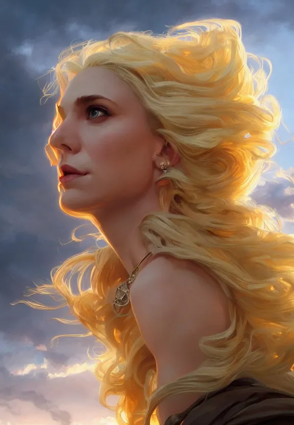 Prompt: A beautiful fierce blonde-haired Circe, posing heroically, heavenly sunlit clouds background, close-up shot, elegant, digital painting, golden hour, cinematic, epic, trending on artstation, concept art, smooth, sharp focus, illustration, art by artgerm and Greg Rutkowski and Alphonse Mucha