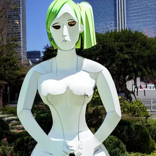 Prompt: A Cubist steel sculpture by Pablo Picasso of an anime maid cafe girl, photographed in an outdoor sculpture garden