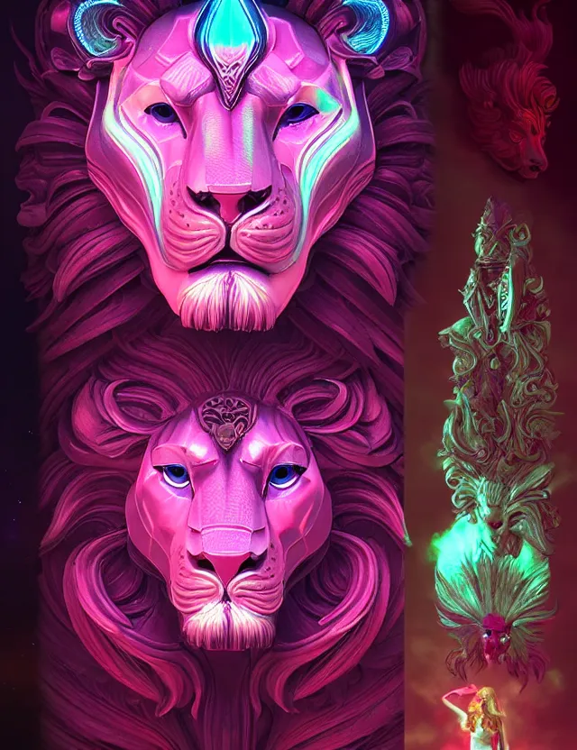 Image similar to 3 d goddess medium shot portrait with hyperdimensional totem implants. beautiful intricately detailed avante garde lion mask and retrowave sorceress outfit. neon, bio luminescent,, artwork by tooth wu and wlop and android jones and beetle and greg rutkowski