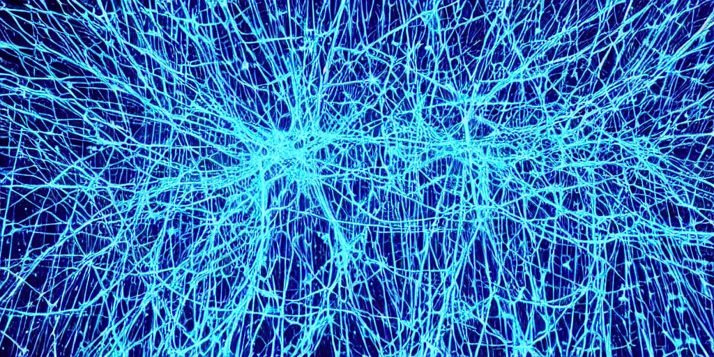 Prompt: “a deep blue network of neurons and fiber optics connected to create a subtle light show”