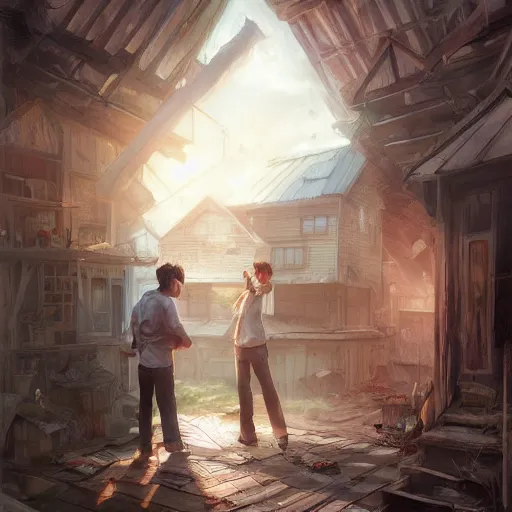 Image similar to two husbands leave each other inside a big wooden broken house by Stanley Artgerm Lau, WLOP, Rossdraws, James Jean, Andrei Riabovitchev, Marc Simonetti, Yoshitaka Amano, ArtStation, CGSociety