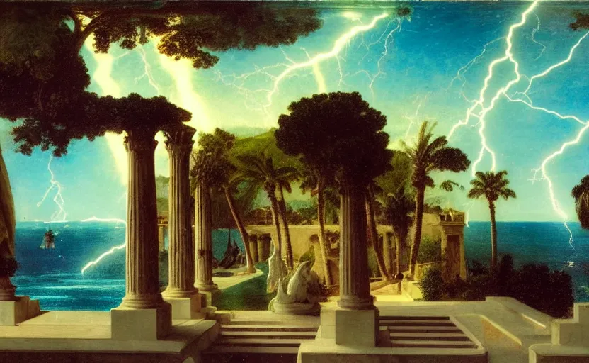 Image similar to mediterranean balustrade and columns, refracted lightnings on the ocean, thunderstorm, greek pool, beach and Tropical vegetation on the background major arcana sky and occult symbols, by paul delaroche, hyperrealistic 4k uhd, award-winning, very detailed paradise