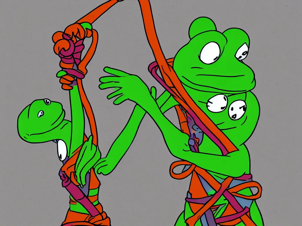 Image similar to illustration of a pepe the frogs with a whip, stunning scene, perfect face, bright colors, 4 k resolution, trending on artstation