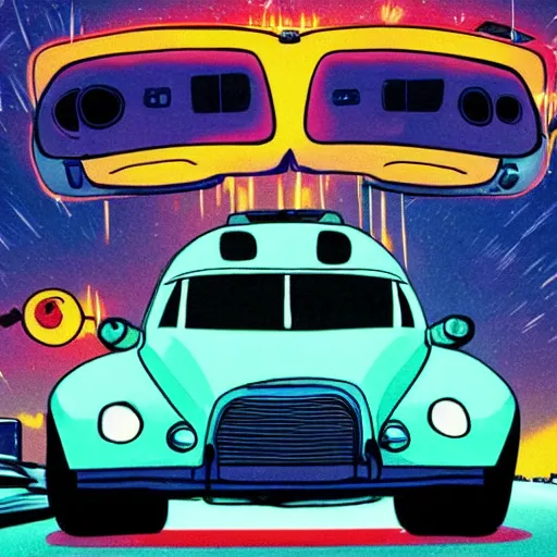 Prompt: a tardigrade driving a car, miami, nighttime, synthwave, detailed,