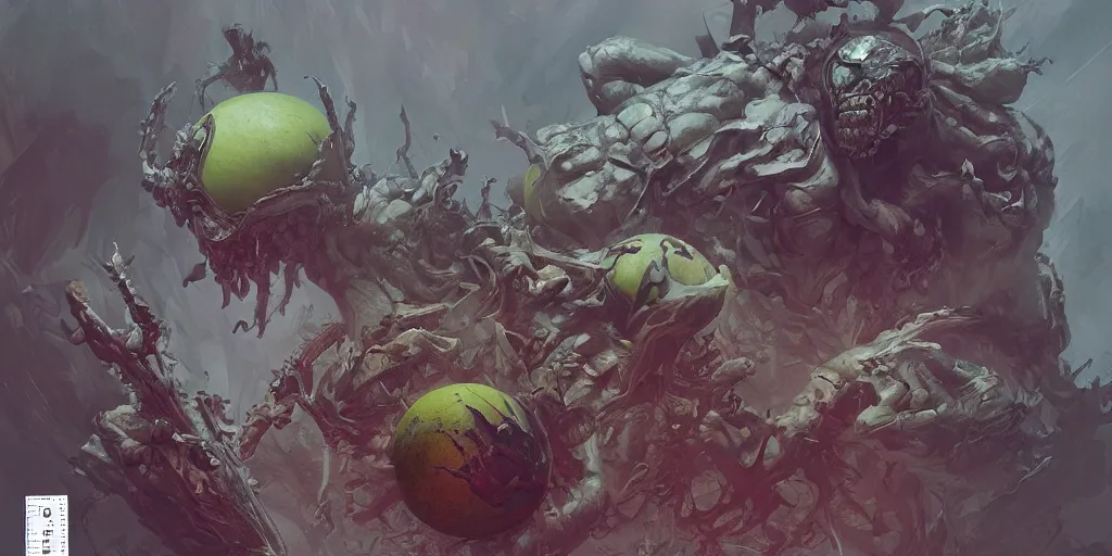 Prompt: tennis ball monsters, marvel comics, dark, intricate, highly detailed, smooth, artstation, digital illustration by ruan jia and mandy jurgens and artgerm and wayne barlowe and greg rutkowski and zdislav beksinski