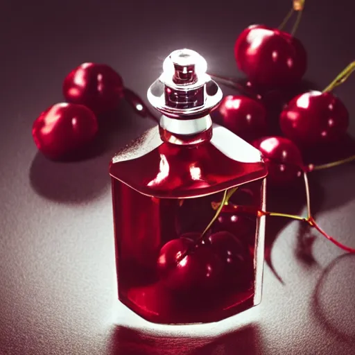 Image similar to perfume bottle surrounded by dark red cherries, softly - lit, realistic, up close shot, white background, zen, light, modern minimalist f 2 0