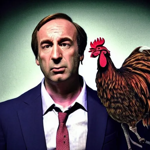 Image similar to saul goodman and a rooster in a medieval torture chamber, saw blades and knives in the background, horror movie, saul goodman!!, rooster!!!!!!, real life photo, detailed face