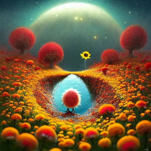 Image similar to by Gediminas Pranckevicius, Not often, but occasionally. A star is born in a flower. Nestled in a soft bed of pollen and petals it can grow in the most unlikely of places. Just waiting for a lucky creature to find it,night star sky background Galaxys, red and yellow flower