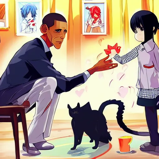 Prompt: “anime key visual of Obama petting a cat, pixiv”