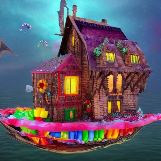 Image similar to a witches house made out of candies on the ocean, epic scene, fantasy, redshift render, cgi, hyper - detailed, photo - bash, 8 k post - production, masterpiece