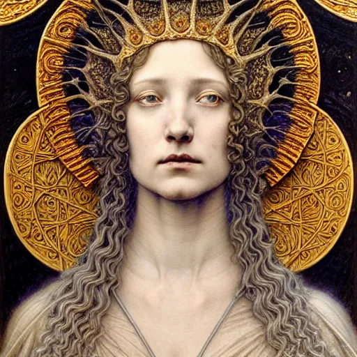 Prompt: detailed realistic beautiful young medieval queen face portrait by jean delville, gustave dore, iris van herpen and marco mazzoni, art forms of nature by ernst haeckel, art nouveau, symbolist, visionary, gothic, pre - raphaelite, horizontal symmetry, fractal lace, realistic ornate gilded medieval icon