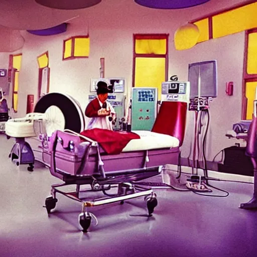 Prompt: “ high - quality documentary film still of intensive care medium care station in willy wonka's factory. happy human patient is getting treatment for the oompa loompa virus. all medical equipment is made out of magic candy. pastel hospital lighting. hospital made out of wonka factory magic candy. ”