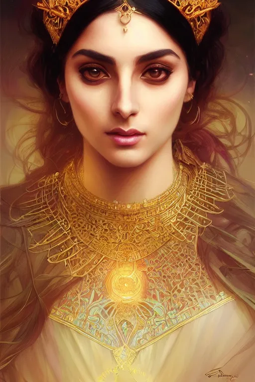 Image similar to Beautiful portrait of an attractive Persian Princess who is an architect, beautiful princess, face painting, dramatic lighting, intricate, wild, highly detailed, digital painting, artstation, concept art, smooth, sharp focus, illustration, art by artgerm and greg rutkowski and alphonse mucha, footage from space camera
