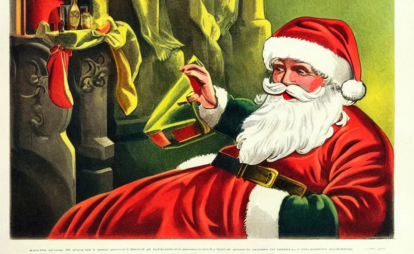 Image similar to color art deco lithograph of santa clause by adolphe millot