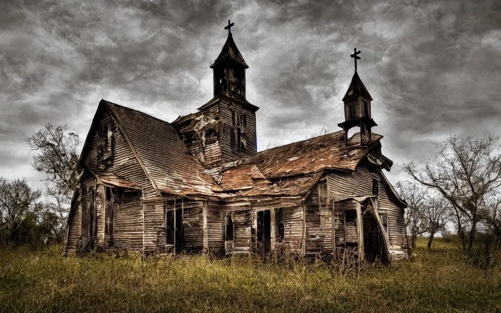 Image similar to an old wooden church rotting away in the bayou, realistic, old color photograph, dynamic composition, creepy