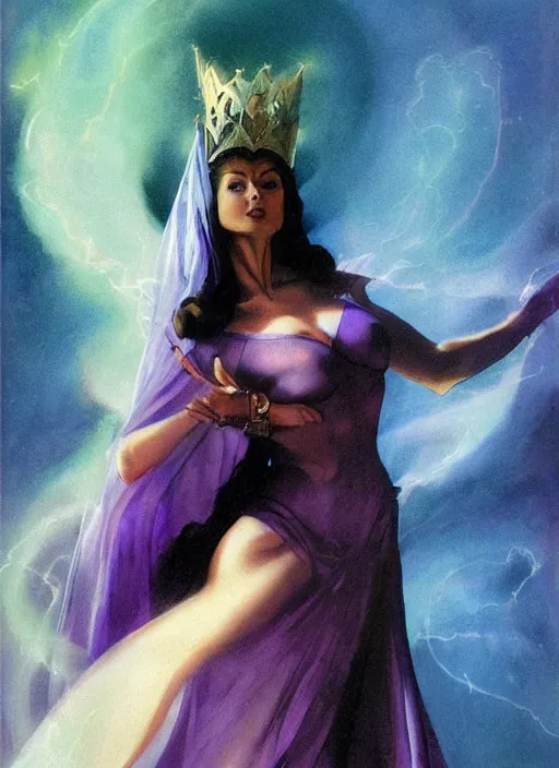 Image similar to portrait of mighty plump female sorceress, blue tiara, purple robe and veil, lightning halo, strong line, muted color, beautiful! coherent! by frank frazetta, by boris vallejo