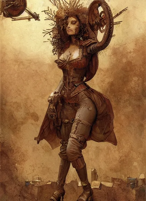 Image similar to highly detailed steampunk woman standing on a mechanism : leonardo da vinci, greg rutkowski, magali villeneuve