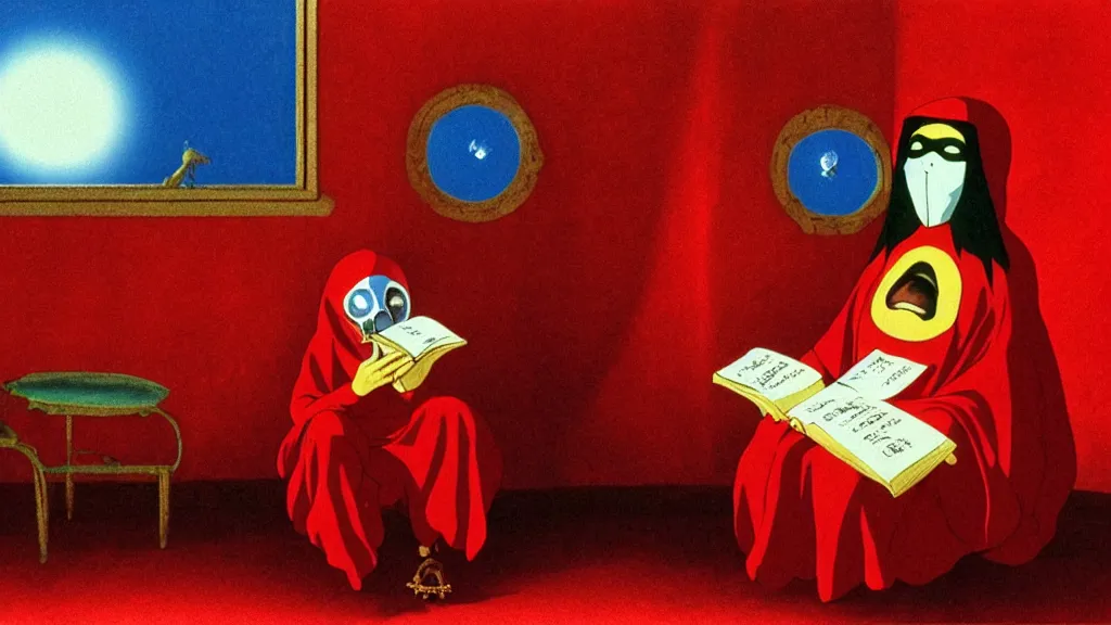 Image similar to a fortune teller wearing a mask sits in a red velvet room reading a fortune, film still from the movie directed by Studio Ghibli with art direction by Zdzisław Beksiński and Salvador Dalí, wide lens