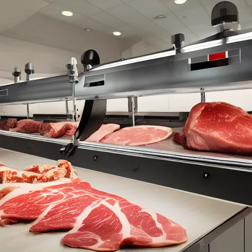 Image similar to butcher shop with three robotic kuka robot cutting machines, steel countertops display various cuts of meat, photorealistic, highly detailed