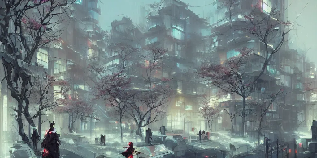 Prompt: japan's architectural street, snow in the city, buildings surrounded by cherry trees, cyberpunk, trends in artstation by peter mohrbacher,