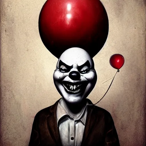 Prompt: surrealism grunge cartoon portrait sketch of the chunky with a wide smile and a red balloon by - michael karcz, loony toons style, pennywise style, horror theme, detailed, elegant, intricate