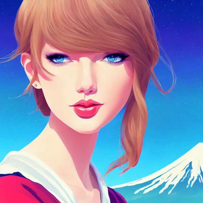 Prompt: portrait of taylor swift, mount fuji background, rich vivid colors, ambient lighting, dynamic lighting, 4 k, hq, official media, anime key visual, makoto shinkai, ilya kuvshinov, lois van baarle, rossdraws, detailed, trending on artstation