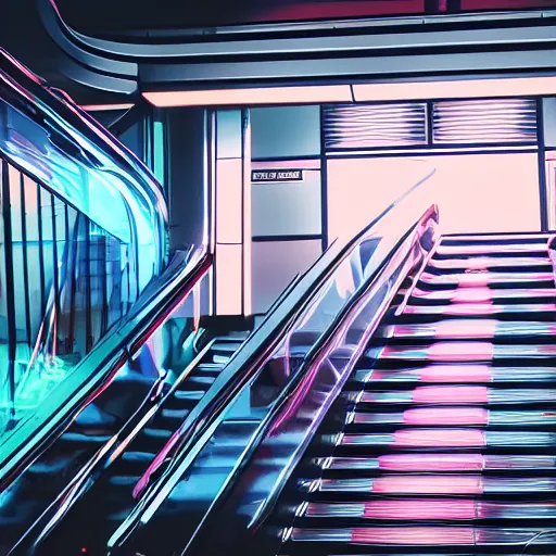 Image similar to cyberpunk escalator, panels, neon, cables