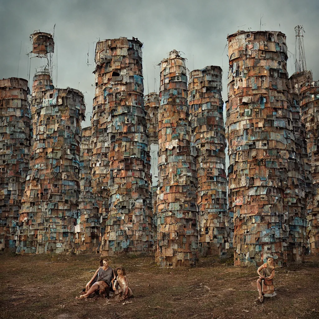 Image similar to circular towers, made up of makeshift squatter housing with faded colours, apocalyptic sky, misty, dystopia, mamiya rb 6 7, fully frontal view, ultra sharp, very detailed, photographed by julie blackmon