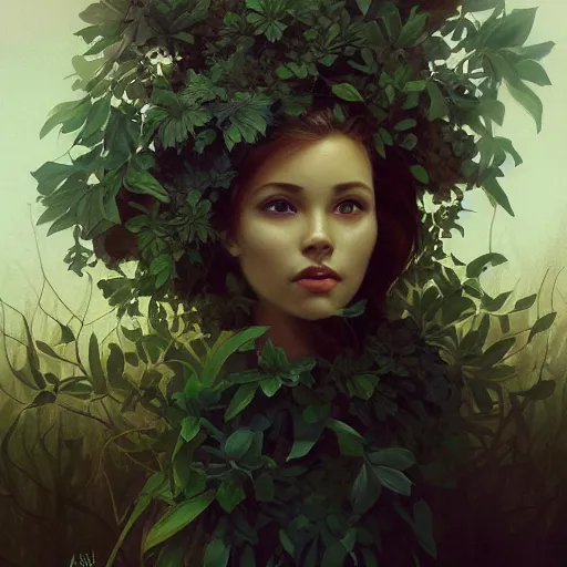 Image similar to surreal beautiful young woman, sitting with flowers, detailed gorgeous face turning into a tree, leaves, dark, ominous, sad eyes, vaporwave aesthetic, synthwave , digital painting, artstation, concept art, smooth, sharp focus, illustration, art by artgerm and greg rutkowski and alphonse mucha