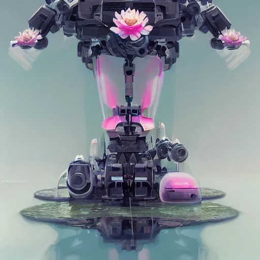 Image similar to symmetry, waterlily mobile combat suit floral robot, biomechanical, waterlily mecha nymphaea, detailed illustration, concept art, smooth, sharp focus, by syd mead, beeple