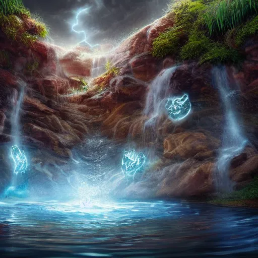 Prompt: water elemental emerges from a placid pool, serene, beautiful, fantasy, majestic, digital art, 8 k, highly detailed