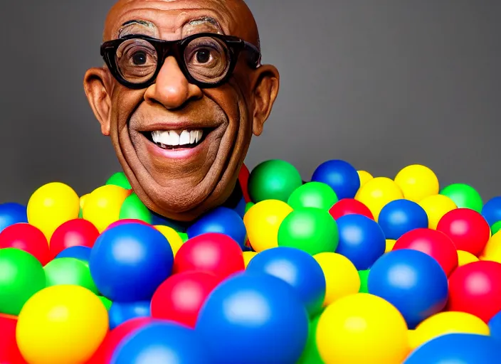 Image similar to photo still of al roker in a ball pit!!!!!!!! at age 4 6 years old 4 6 years of age!!!!!!!! hiding from parents, 8 k, 8 5 mm f 1. 8, studio lighting, rim light, right side key light