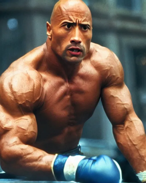 Image similar to Film still close-up shot of Dwayne Johnson as Rocky Balboa from the movie Rocky. Photographic, photography