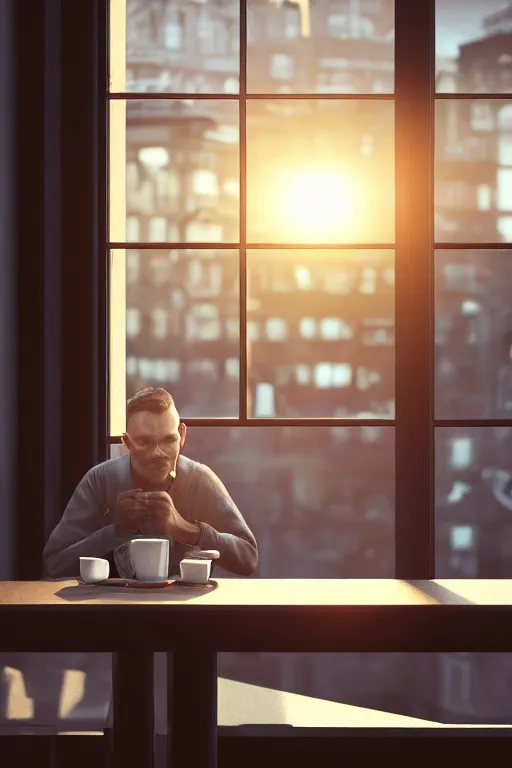 Image similar to a man sitting on a café table mext to a window and holding a cup of coffee at sunset, Pixar style, black hair, 4K, cartoon, concept art, octane render, unreal engine 5, path tracing, complementary colours, serene scene, warm, cute, natural lighting, high quality, highly detailed, high coherence, defined face, five fingers, anatomically correct, soft lighting, close view, digital art, trending on DeviantArt