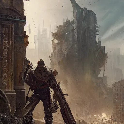 Image similar to a man wearing junk armor and scrapped jeans and holding an shotgun standing behind an apocalyptic city, Matte painting , detailed painting, greg rutkowski