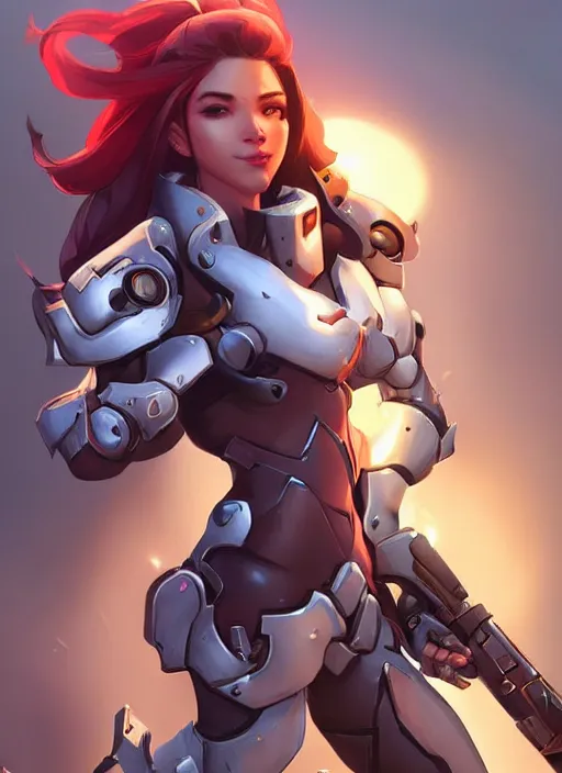 Image similar to beautiful new female character for overwatch, character concept art, full body armor, steel plating, huge weapon, super powers, athletic, long red hair, symmetry, intricate design, shiny, highly detailed, hd, dramatic lighting, art by artgerm and greg rutkowski