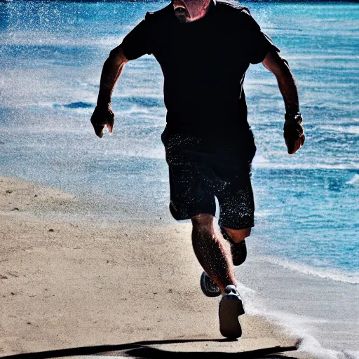 Image similar to Walter White running on the beach, artistic, 8k, cinematic, accurate, symetric, face, dramatic lighting, pastel colours