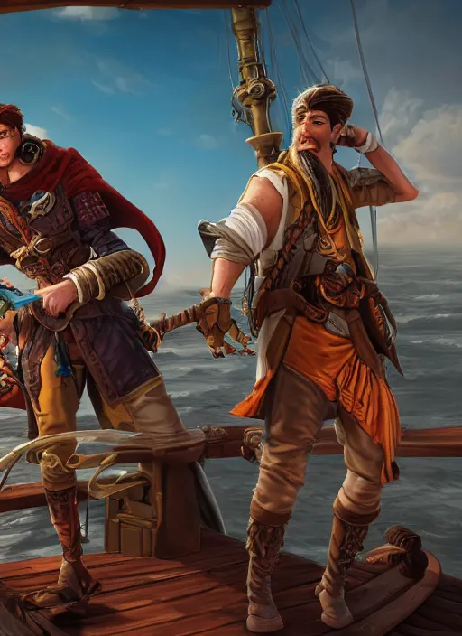 Image similar to an epic fantasy comic book style portrait painting of two bumbling idiot sky - pirates on the deck of a skyship looking at a chest, unreal 5, daz, hyperrealistic, octane render, cosplay, rpg portrait, dynamic lighting, very detailed faces