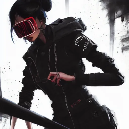 Prompt: very cool girl black hair woman, streetwear, techwear, cyberpunk style outfit, full body, detailed portrait, intricate complexity, by greg rutkowski, james gilleard, atey ghailan, artgerm, ross tran, conrad roset, takato yomamoto, ilya kuvshinov. 4 k, beautiful, cinematic dramatic atmosphere