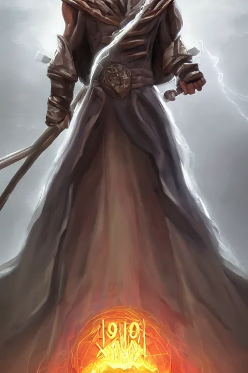 Image similar to thunder man, storm, lightning, spell, staff, white robe, hallway, artstation