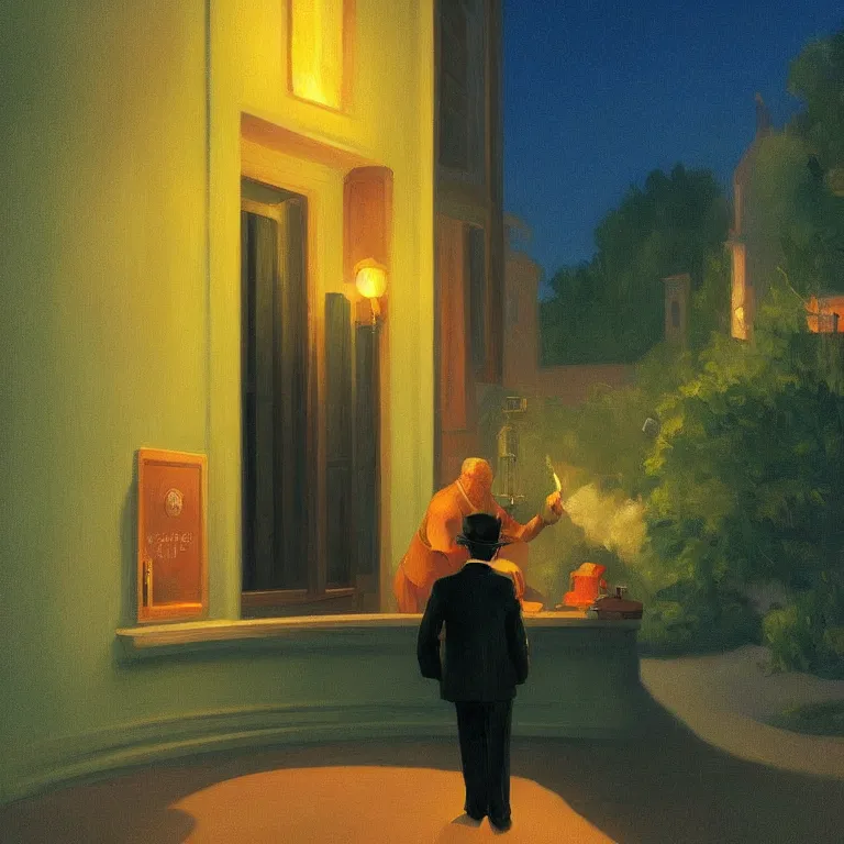Prompt: a storybook illustration of anthony hopkins smoking at night, fireflies, quiet night scene painted by Edward Hopper masterpiece, intricate, elegant, fantasy, highly detailed, digital painting, concept art, sharp focus, artstation